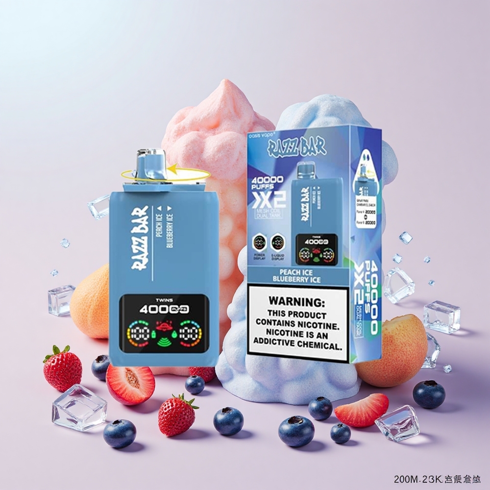 Razz Bar 40000 Puff Képernyős Képernyő 1.0Ohm 2 Mesh Coil 650 Mah Type-C Őszibarack Jég - Áfonya Jég
