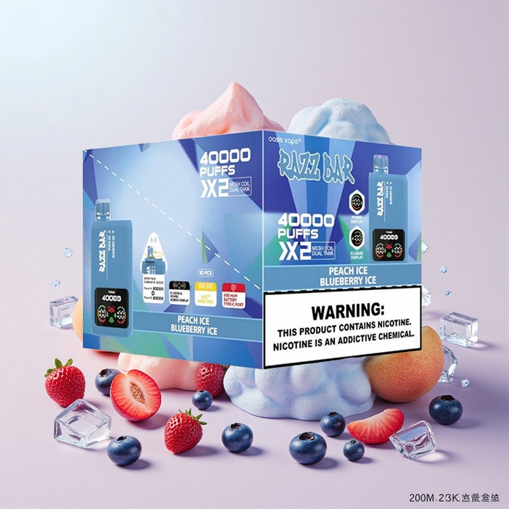 Razz Bar 40000 Puff Képernyős Képernyő 1.0Ohm 2 Mesh Coil 650 Mah Type-C Őszibarack Jég - Áfonya Jég