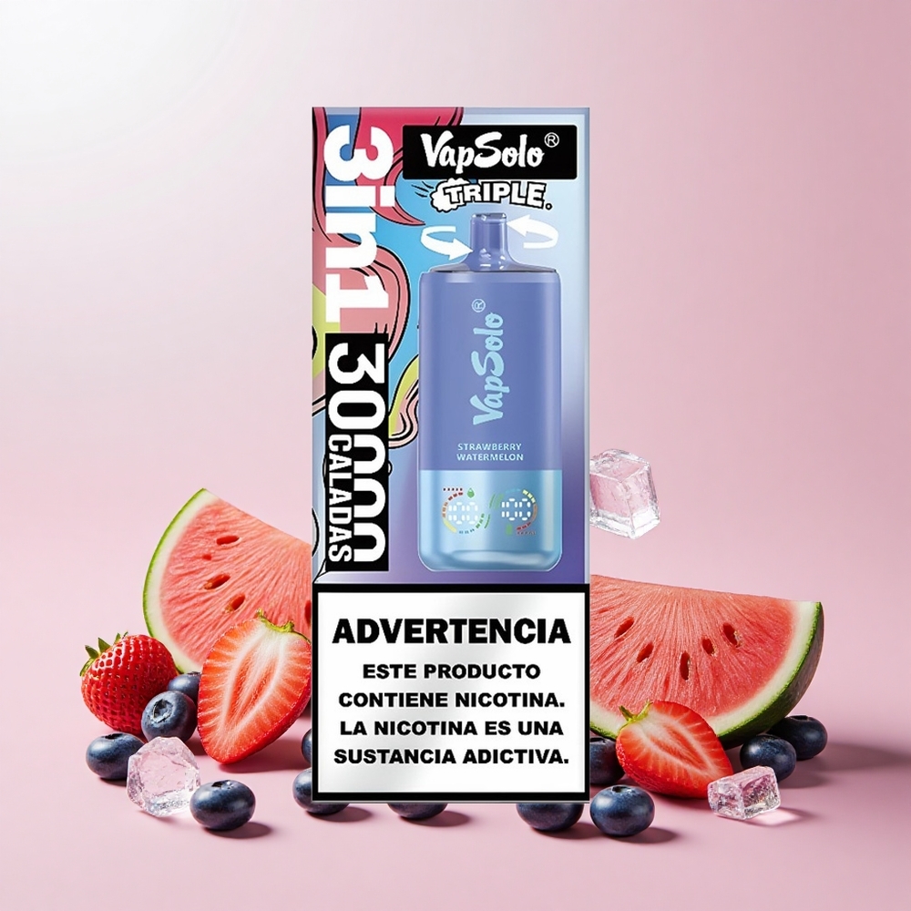 VapSolo Triple 30000 Puffs 40ml 3 Tank Type-C Eper Dinnye & Áfonya Jég
