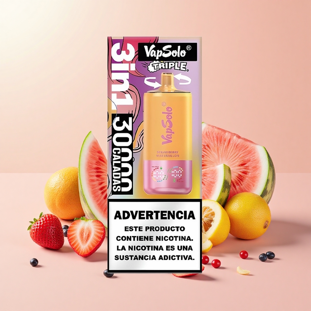VapSolo Triple 30000 Puffs 40ml Type-C Eper Dinnye & Citrom Őszibarack